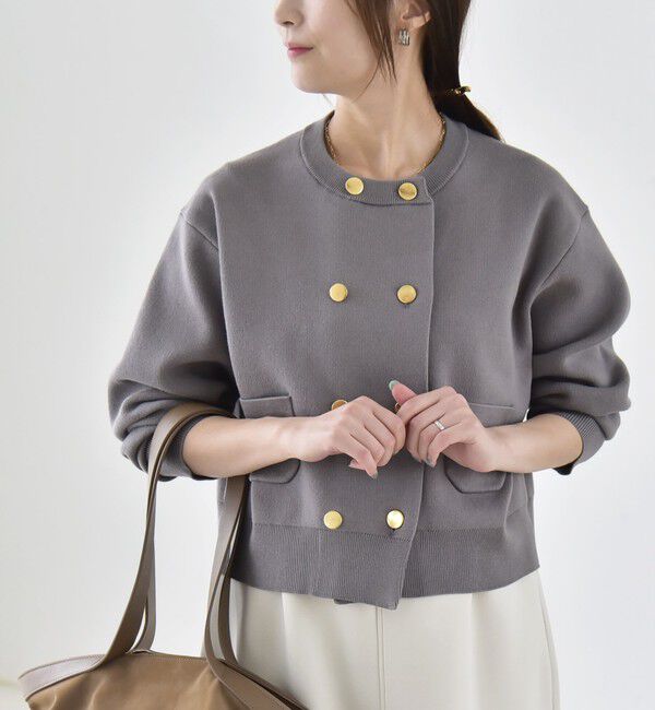 quaranciel「《一部追加予約》quaranciel:〈手洗い可能〉ノーカラー ダブル ボタン ジャケット カーディガン」|カーディガン|