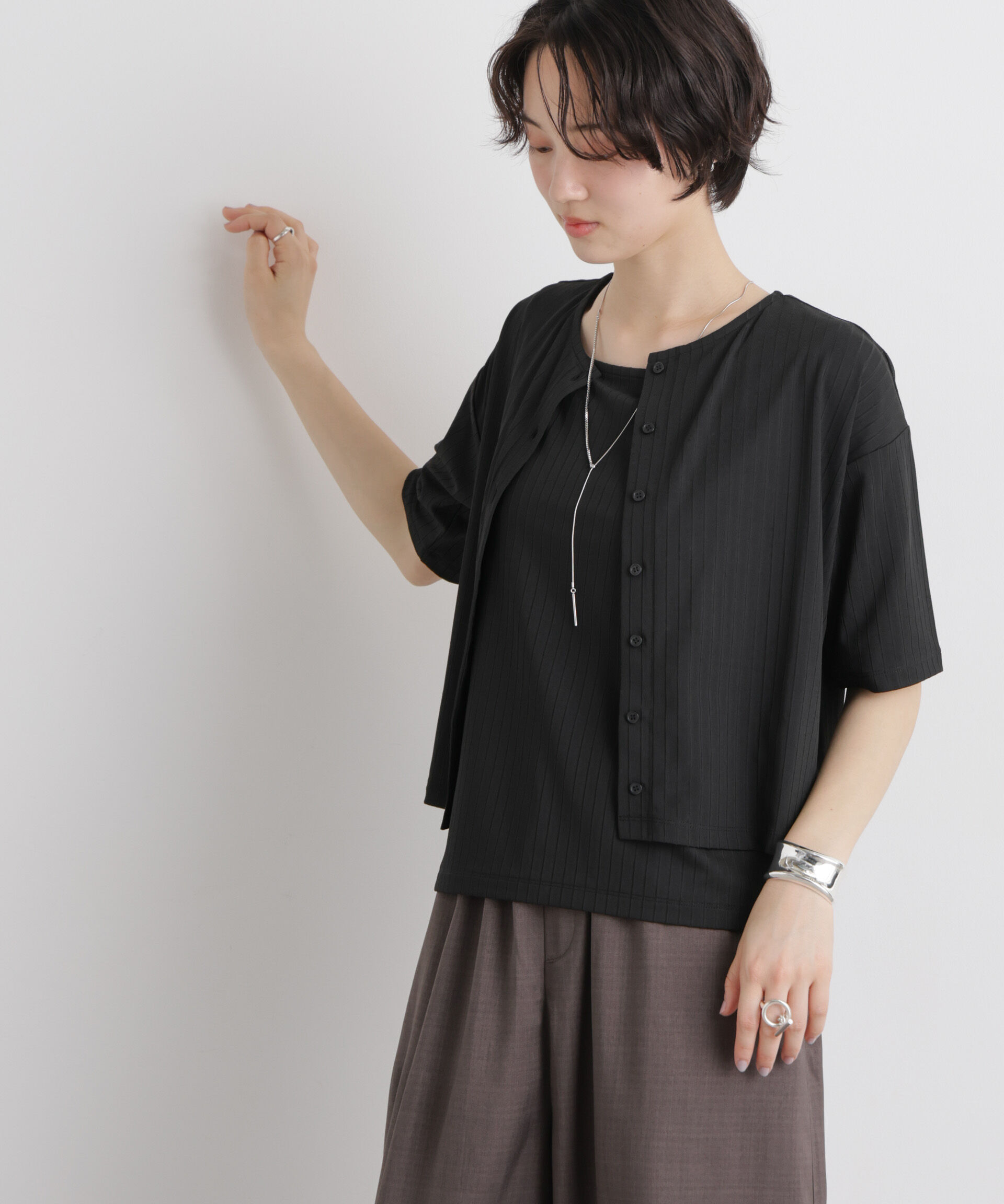 NANO universe「ｴｽﾃﾙﾜｲﾄﾞﾘﾌﾞ半袖ｶｰﾃﾞｨｶﾞﾝ&ﾀﾝｸｱﾝｻﾝﾌﾞﾙｾｯ」|Tシャツ・カットソー|