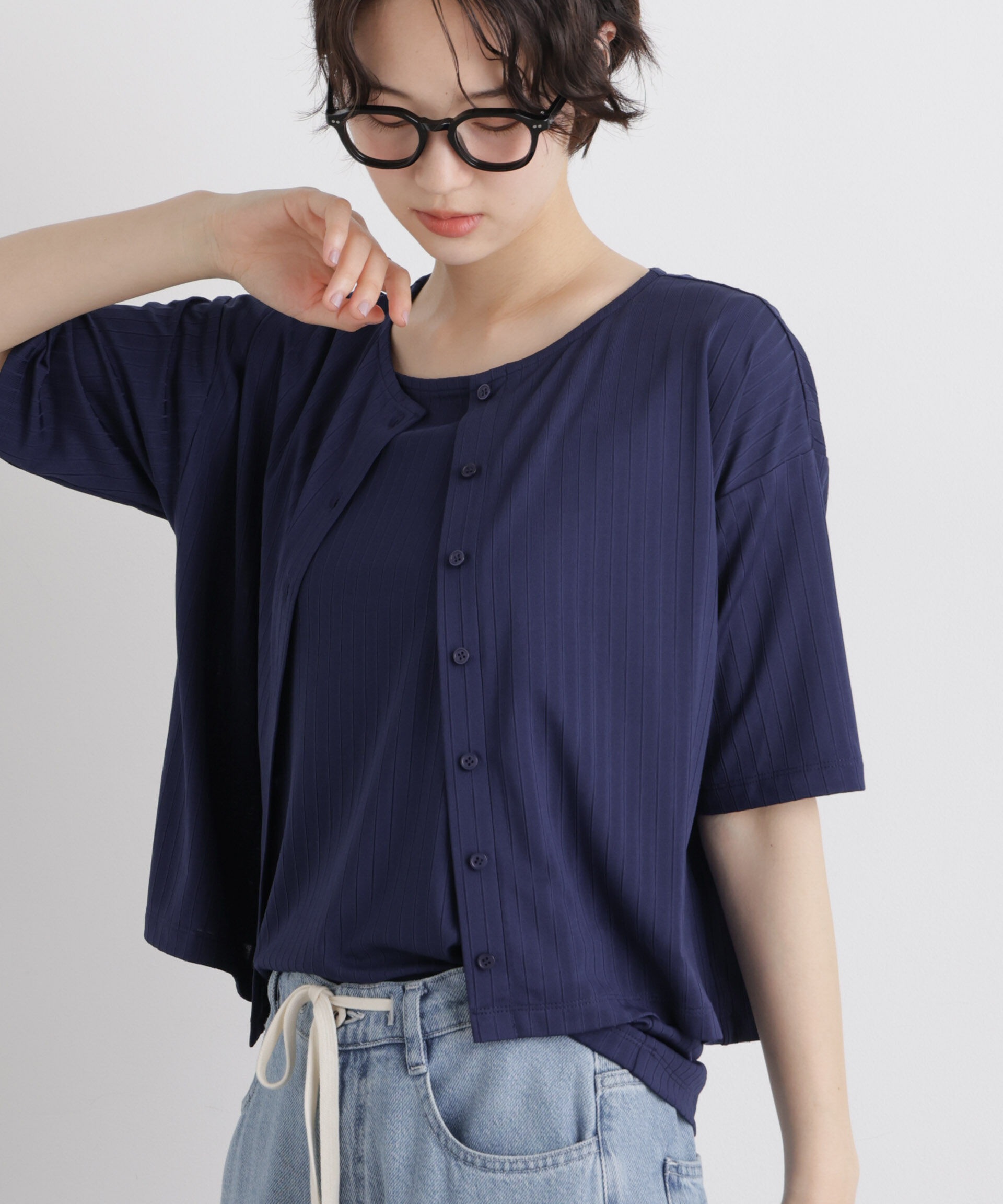 NANO universe「ｴｽﾃﾙﾜｲﾄﾞﾘﾌﾞ半袖ｶｰﾃﾞｨｶﾞﾝ&ﾀﾝｸｱﾝｻﾝﾌﾞﾙｾｯ」|Tシャツ・カットソー|ネイビー
