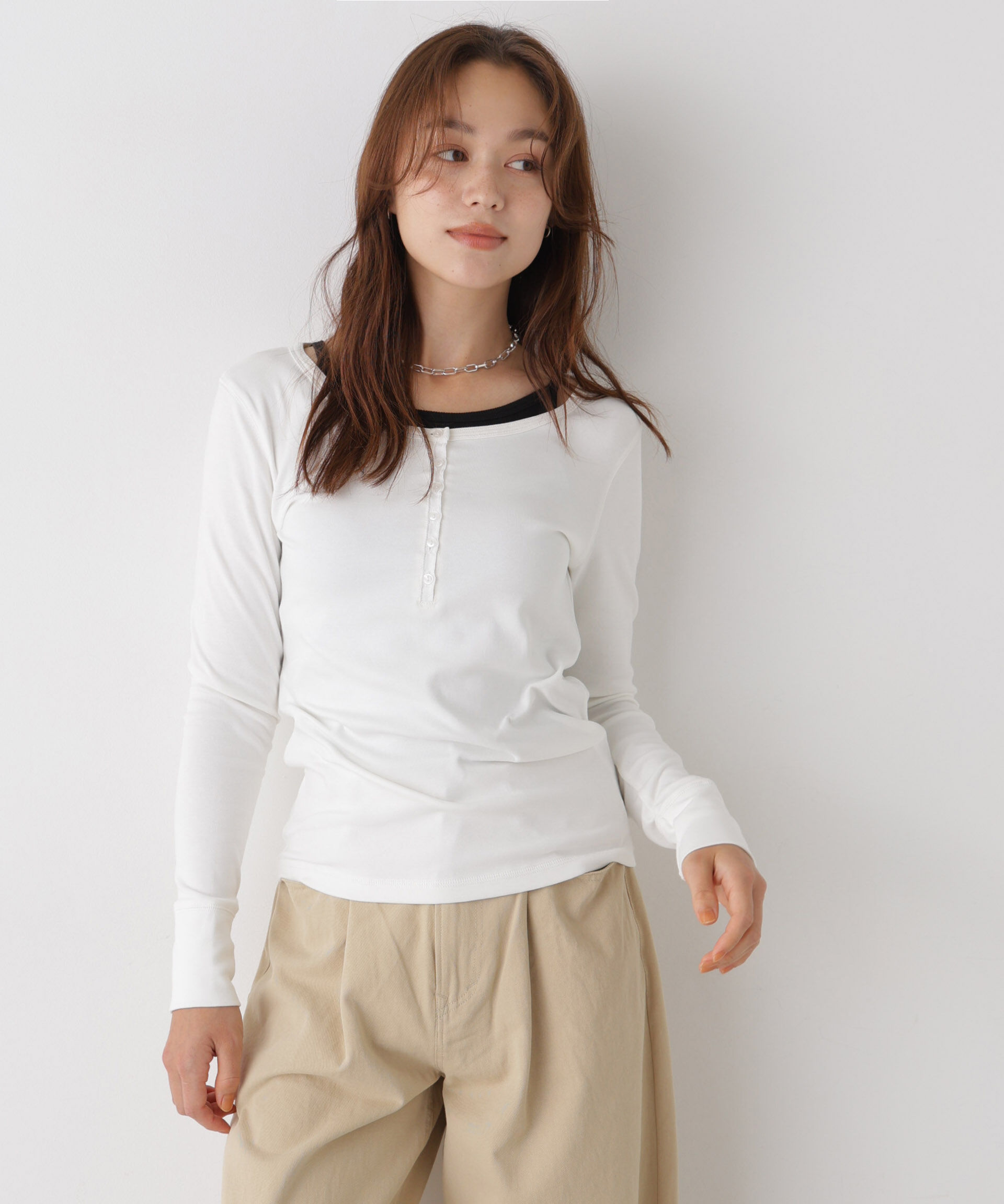 NANO universe「ベアフライスカットヘンリーネックロングスリーブトップス」|Tシャツ・カットソー|
