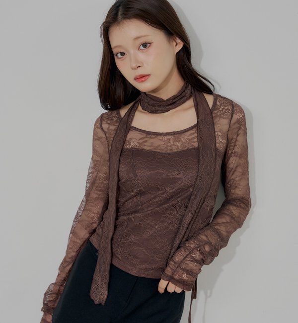  「コルセットデザインレースT」|Tシャツ・カットソー|ブラウン