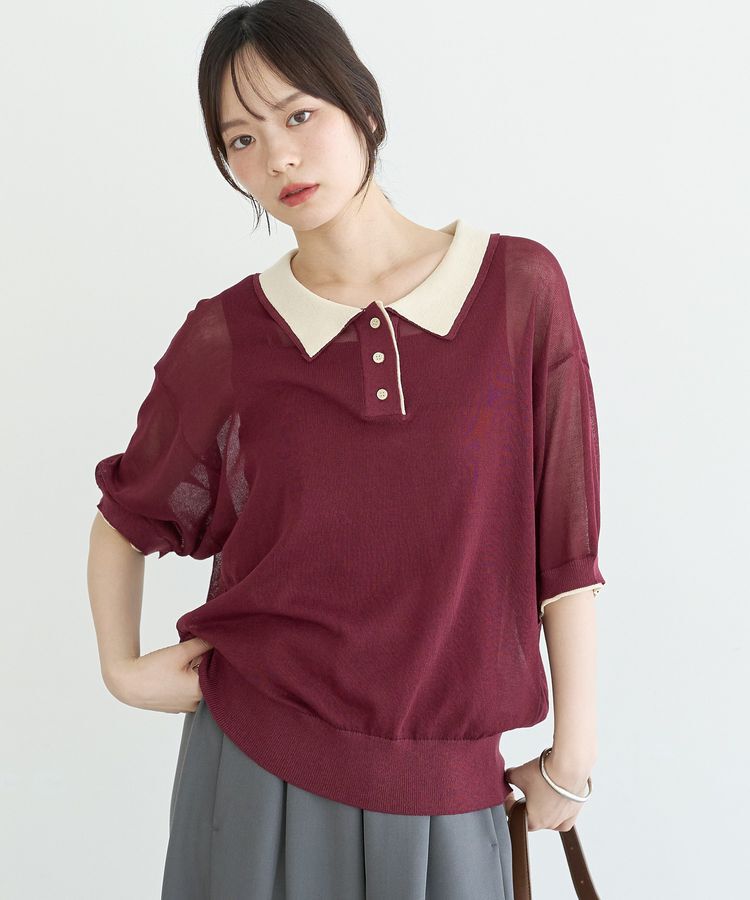 earth music&ecology「バイカラーシアーポロニット」|ニット・セーター|Bordeaux