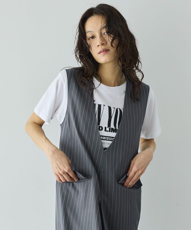 GARAGE OF GOOD CLOTHING「ストライプ深Vネックタックジャンパースカート」|ジャンパースカート|