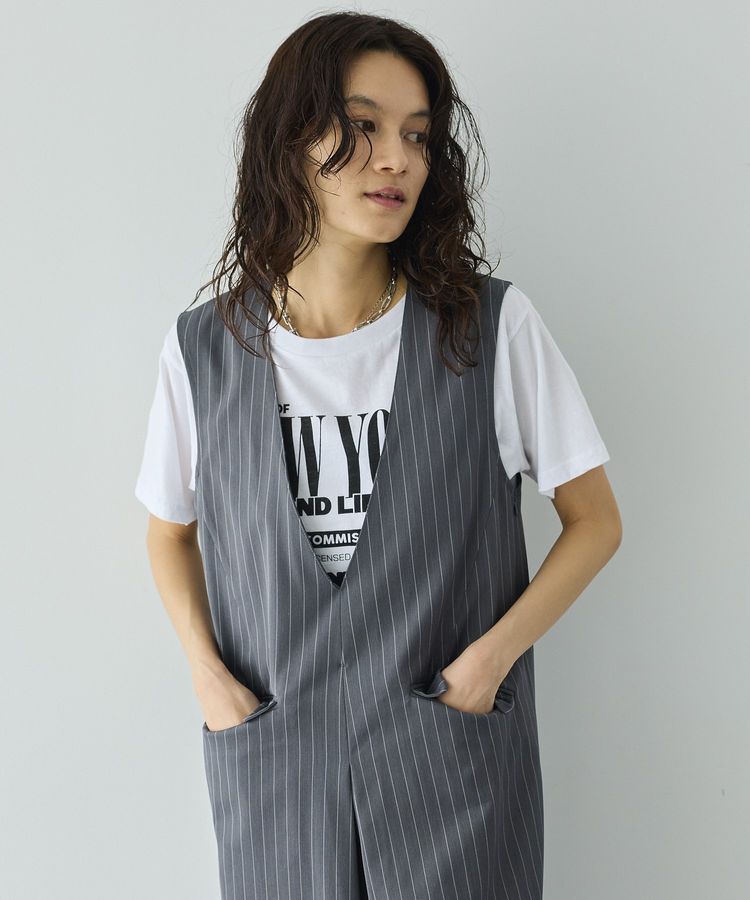 GARAGE OF GOOD CLOTHING「ストライプ深Vネックタックジャンパースカート」|ジャンパースカート|