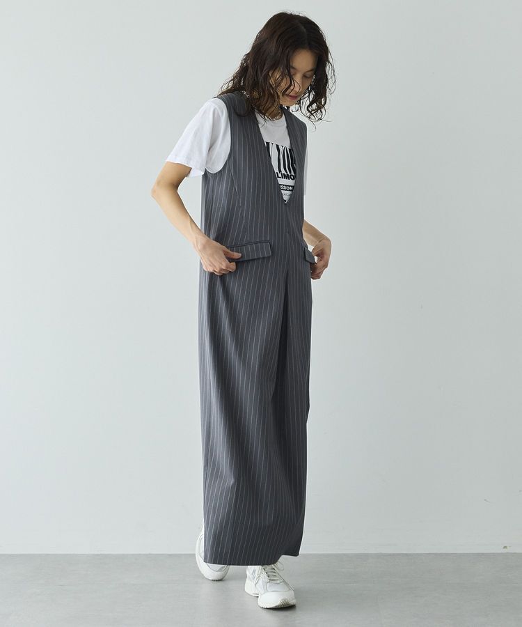 GARAGE OF GOOD CLOTHING「ストライプ深Vネックタックジャンパースカート」|ジャンパースカート|