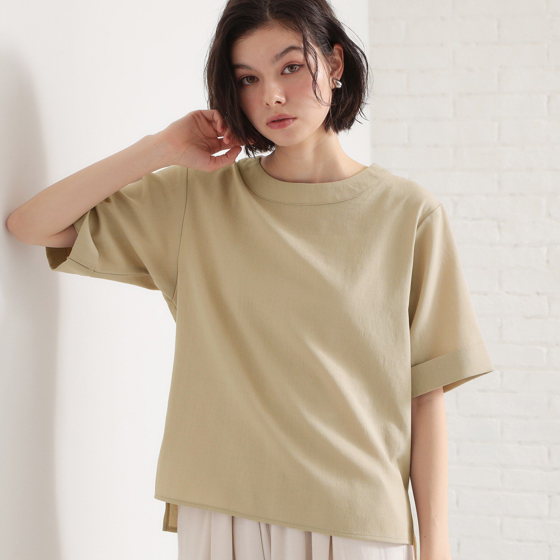 THE SHOP TK「【M-XL/二の腕カバー】さらり麻調メッシュ5分袖ブラウス」|シャツ・ブラウス|