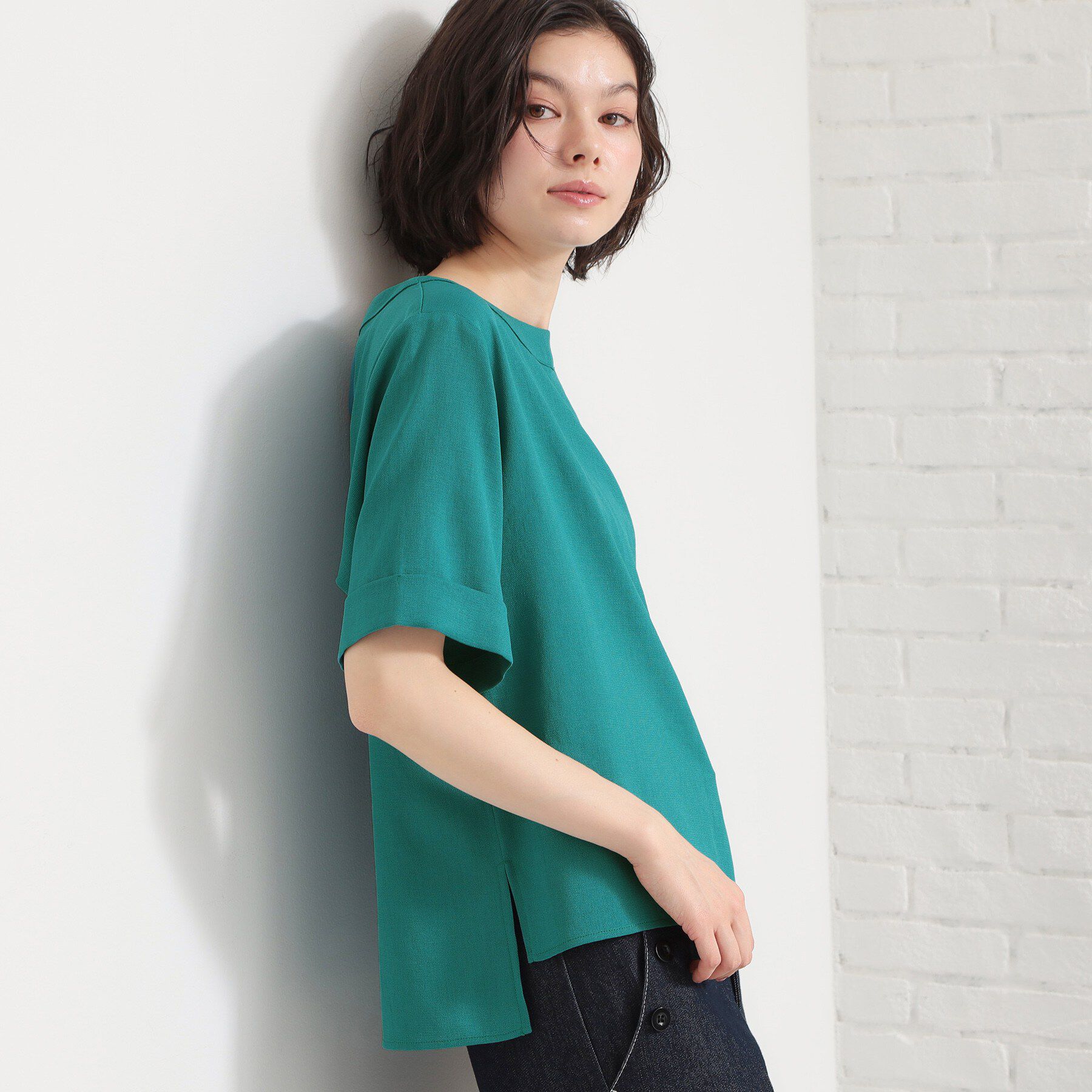 THE SHOP TK「【M-XL/二の腕カバー】さらり麻調メッシュ5分袖ブラウス」|シャツ・ブラウス|