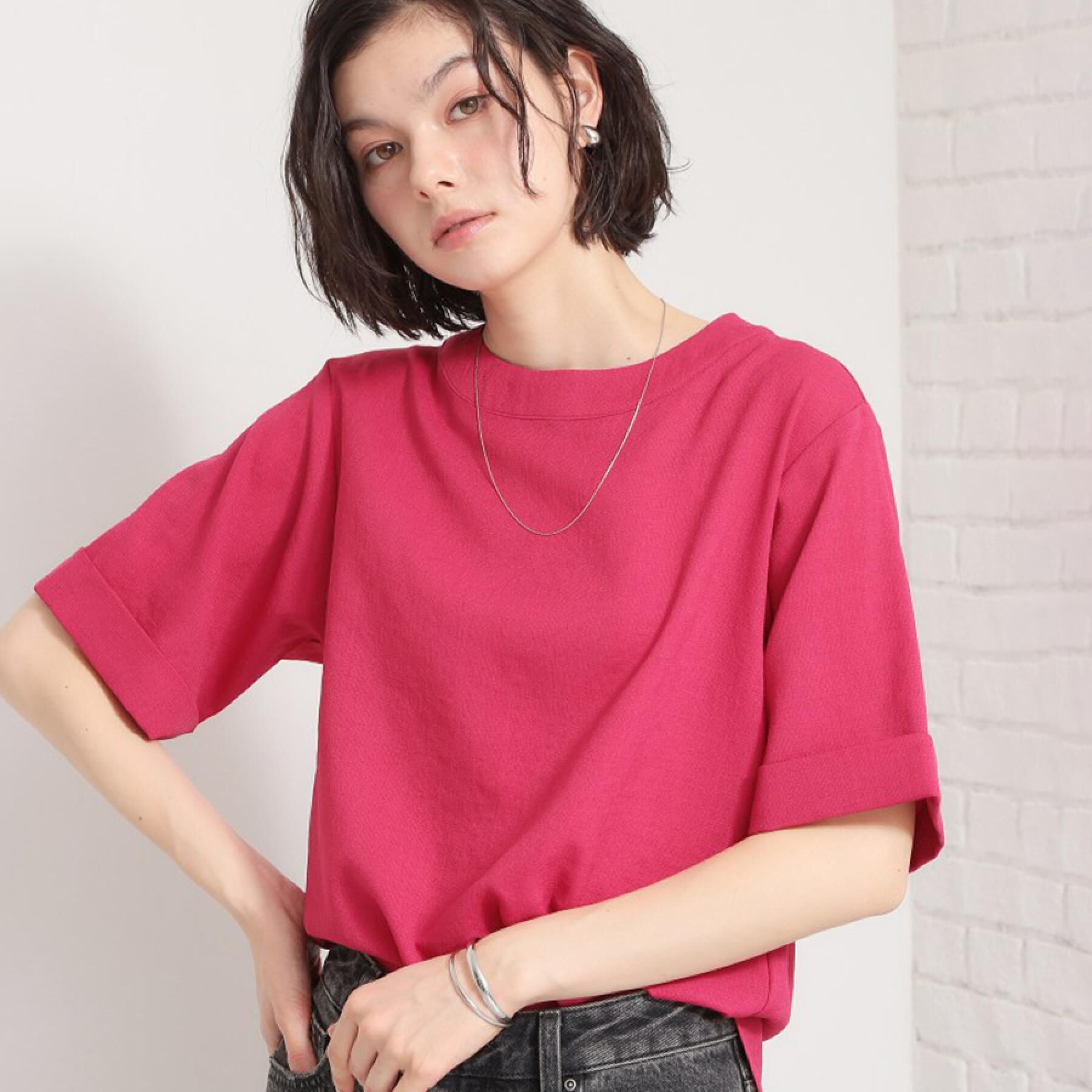 THE SHOP TK「【M-XL/二の腕カバー】さらり麻調メッシュ5分袖ブラウス」|シャツ・ブラウス|