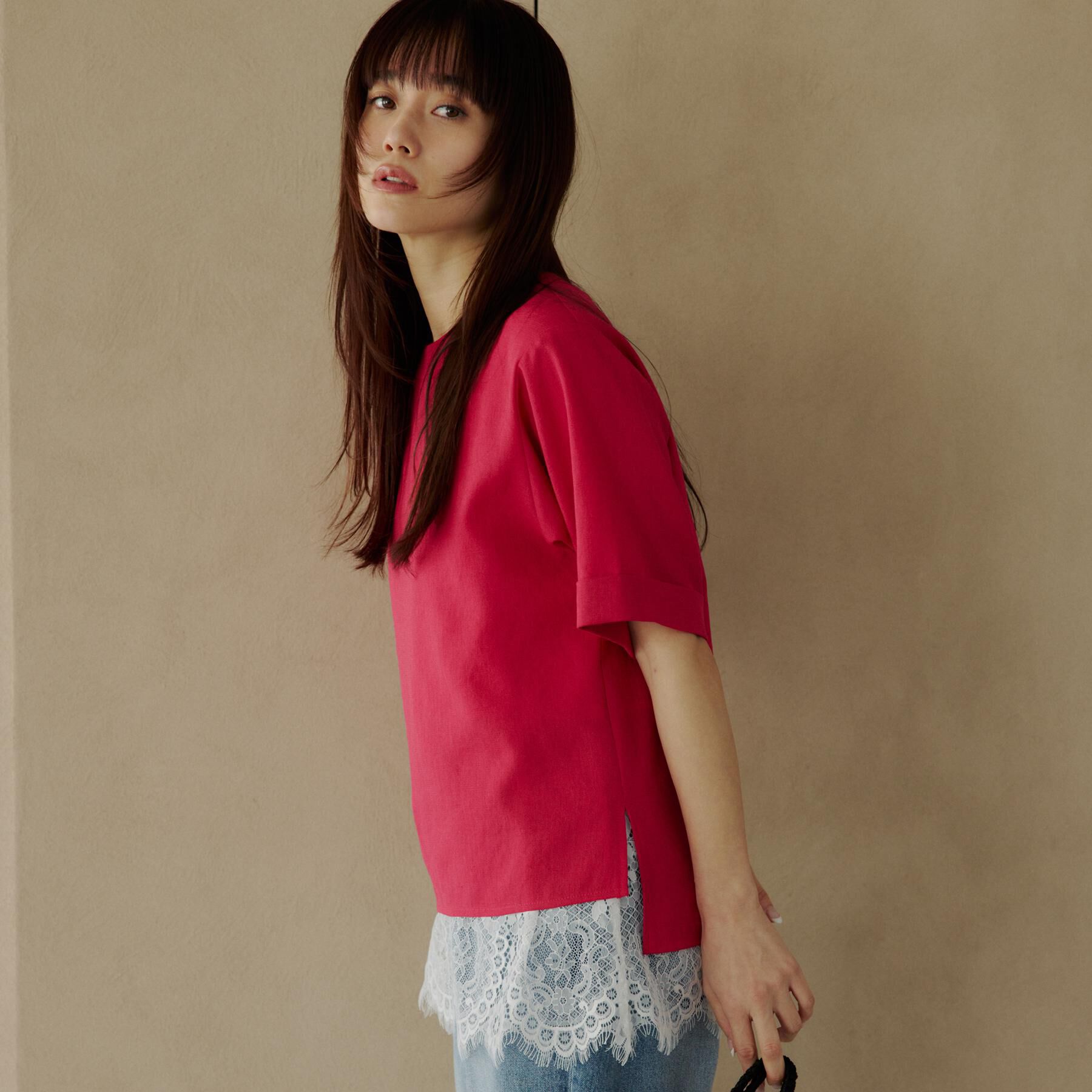 THE SHOP TK「【M-XL/二の腕カバー】さらり麻調メッシュ5分袖ブラウス」|シャツ・ブラウス|