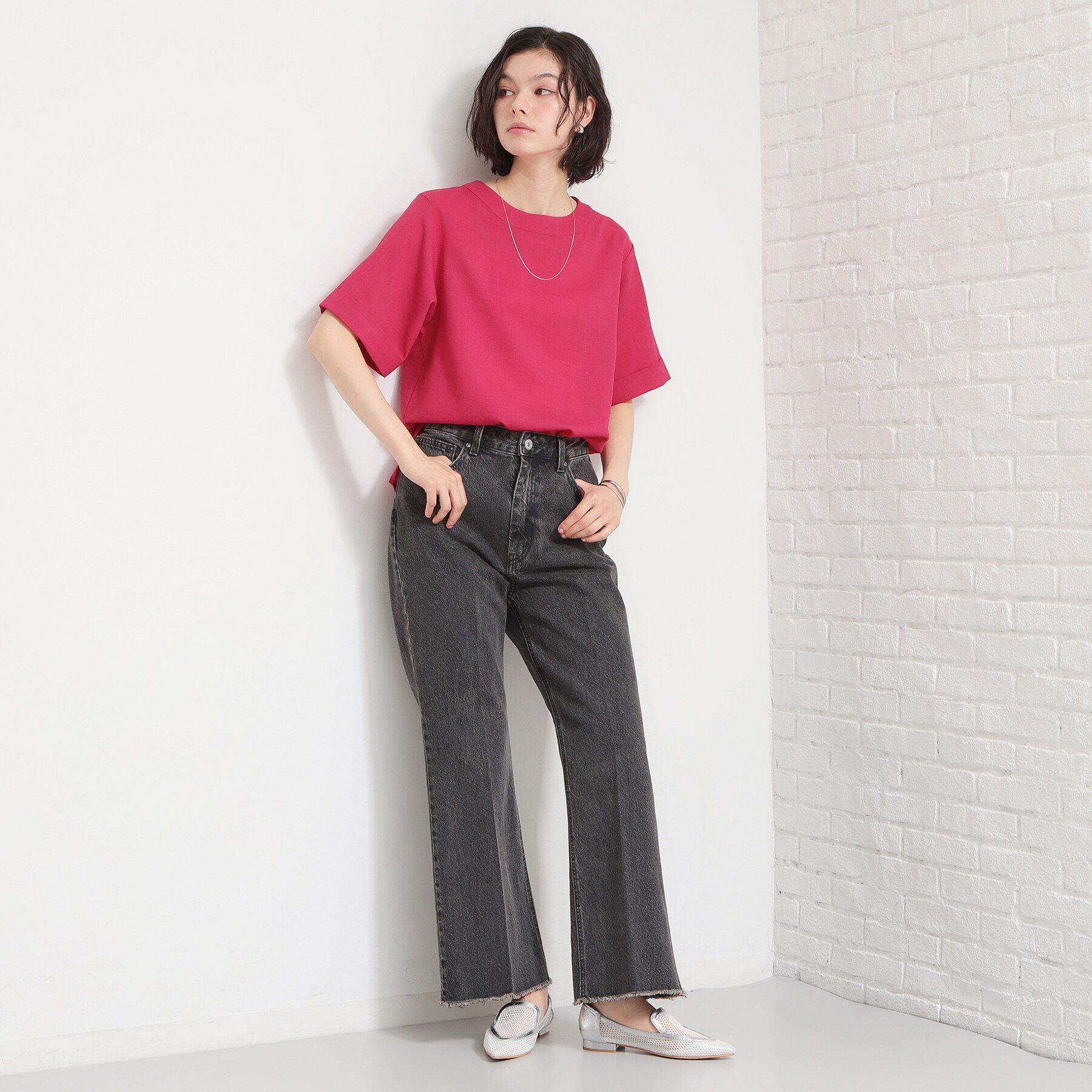 THE SHOP TK「【M-XL/二の腕カバー】さらり麻調メッシュ5分袖ブラウス」|シャツ・ブラウス|