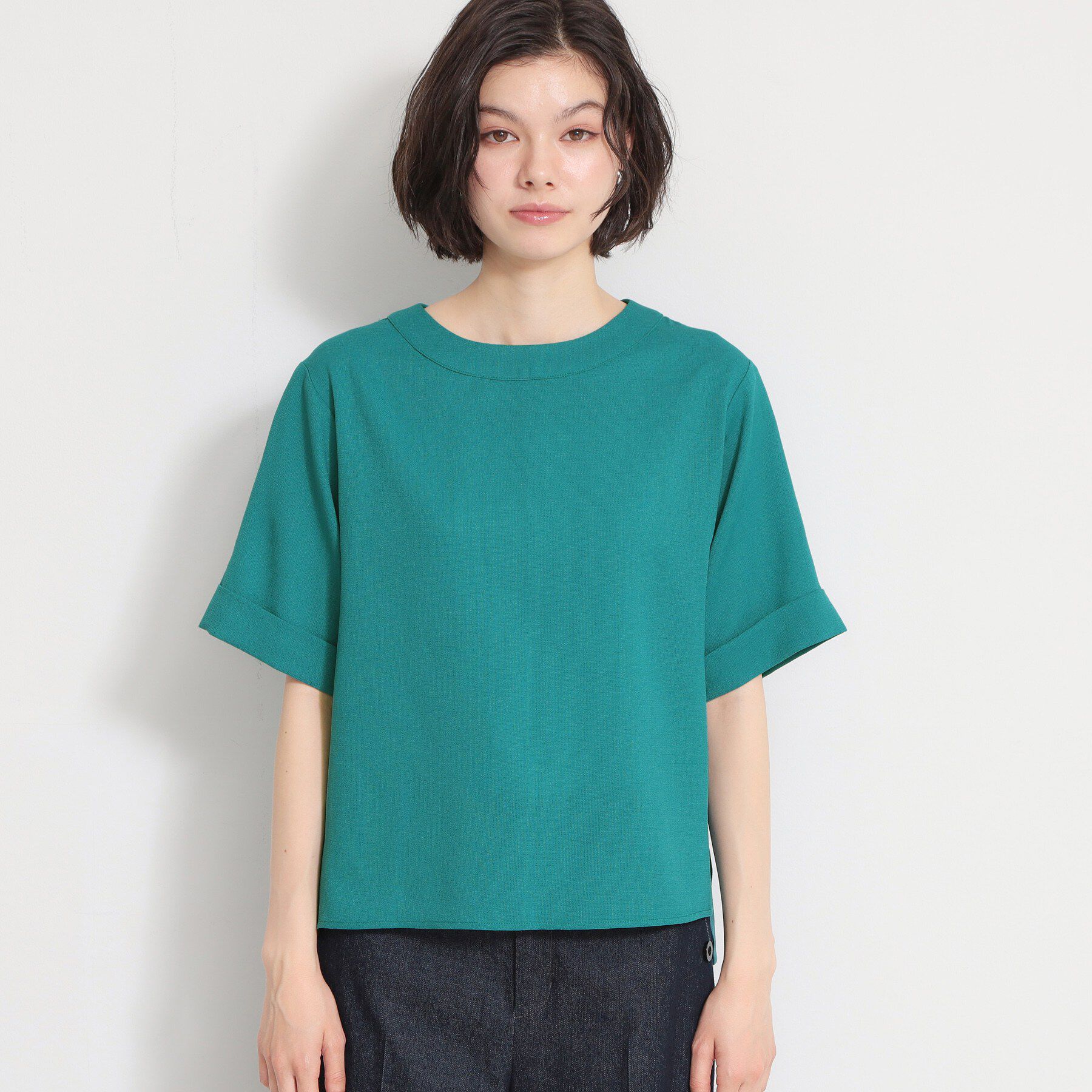 THE SHOP TK「【M-XL/二の腕カバー】さらり麻調メッシュ5分袖ブラウス」|シャツ・ブラウス|