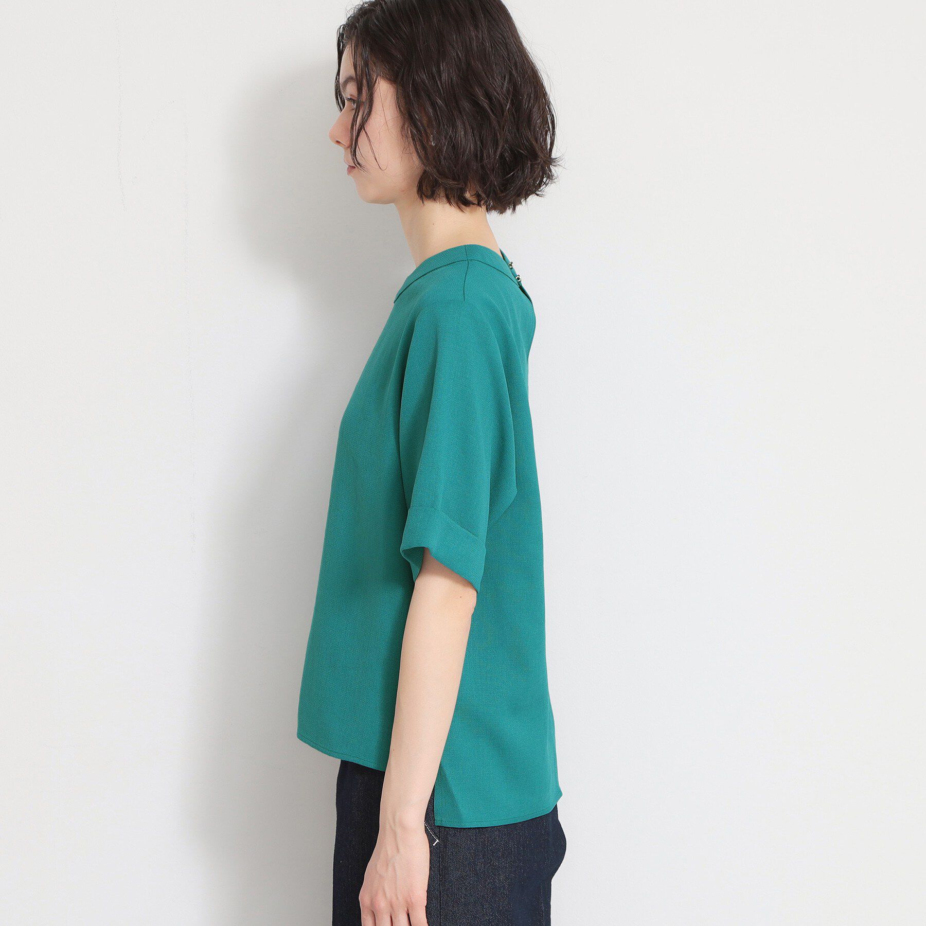 THE SHOP TK「【M-XL/二の腕カバー】さらり麻調メッシュ5分袖ブラウス」|シャツ・ブラウス|