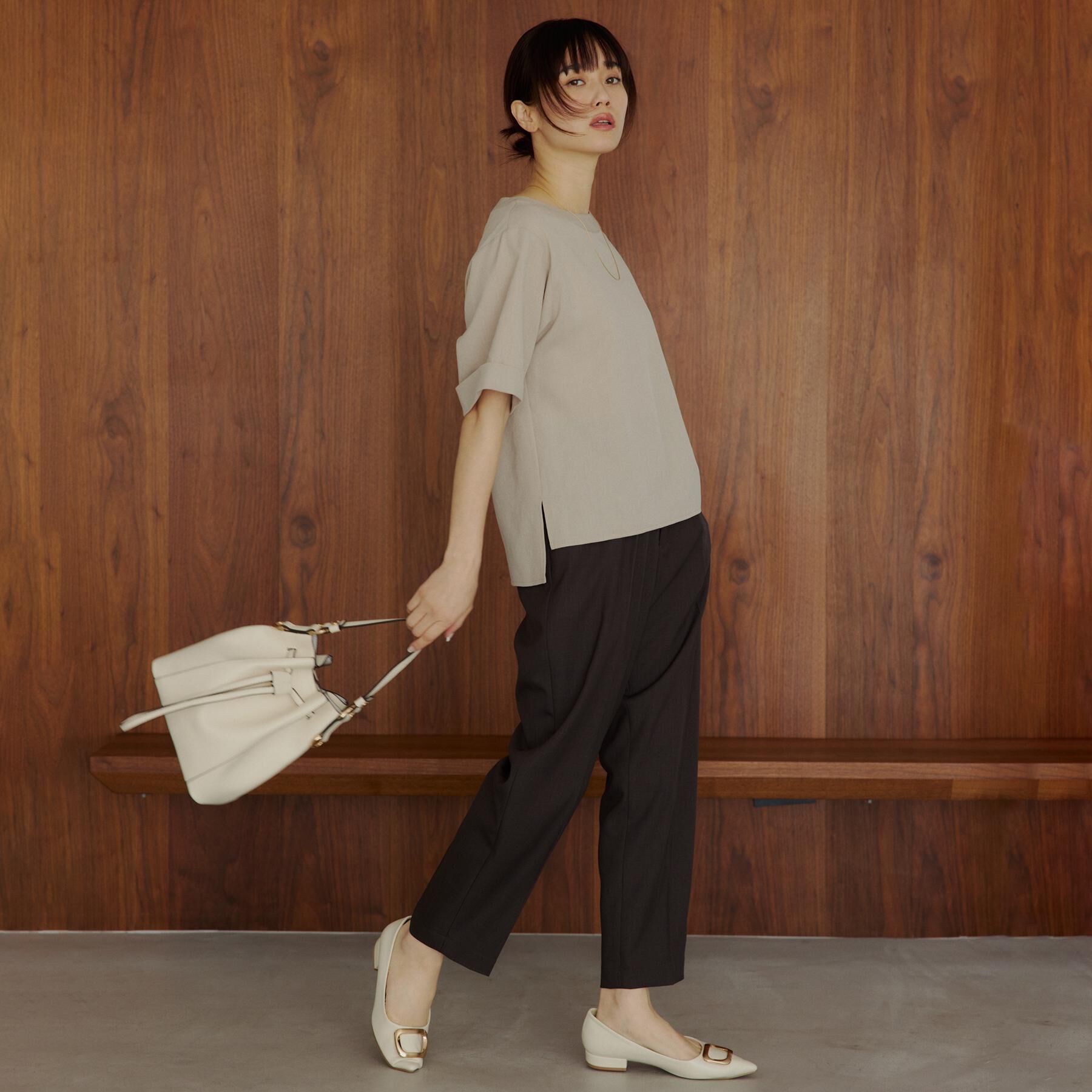 THE SHOP TK「【M-XL/二の腕カバー】さらり麻調メッシュ5分袖ブラウス」|シャツ・ブラウス|