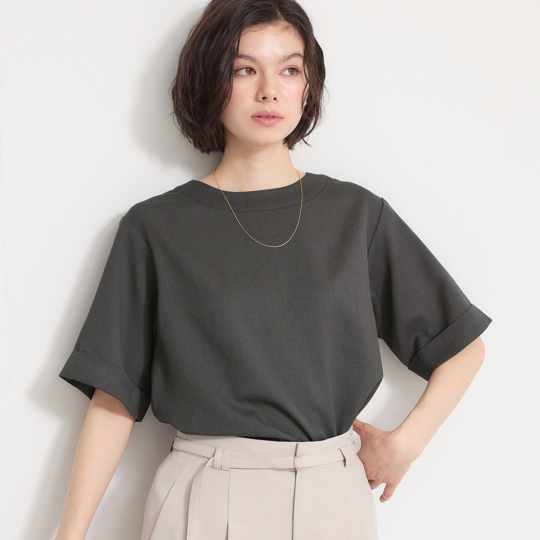 THE SHOP TK「【M-XL/二の腕カバー】さらり麻調メッシュ5分袖ブラウス」|シャツ・ブラウス|