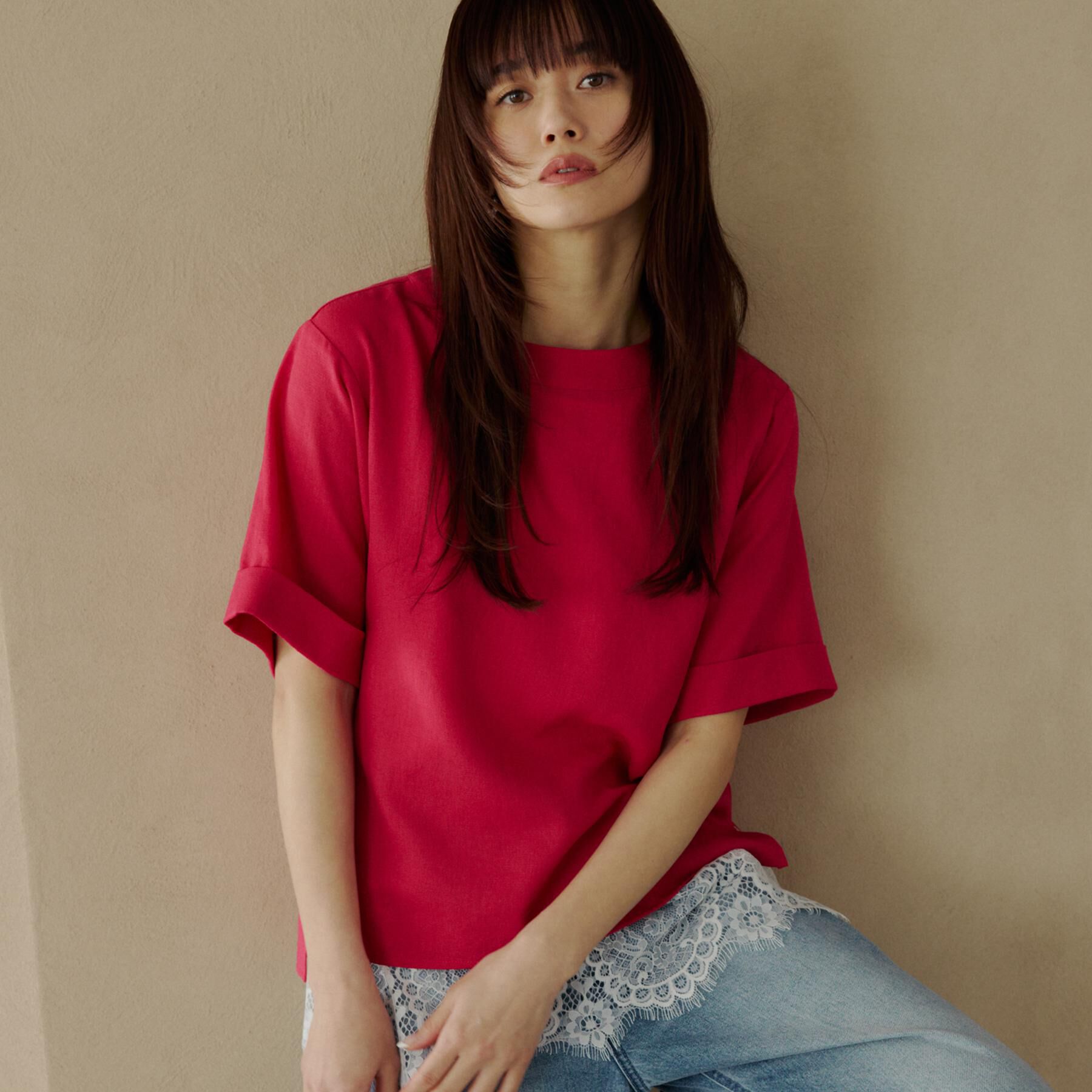 THE SHOP TK「【M-XL/二の腕カバー】さらり麻調メッシュ5分袖ブラウス」|シャツ・ブラウス|ピンク(074)