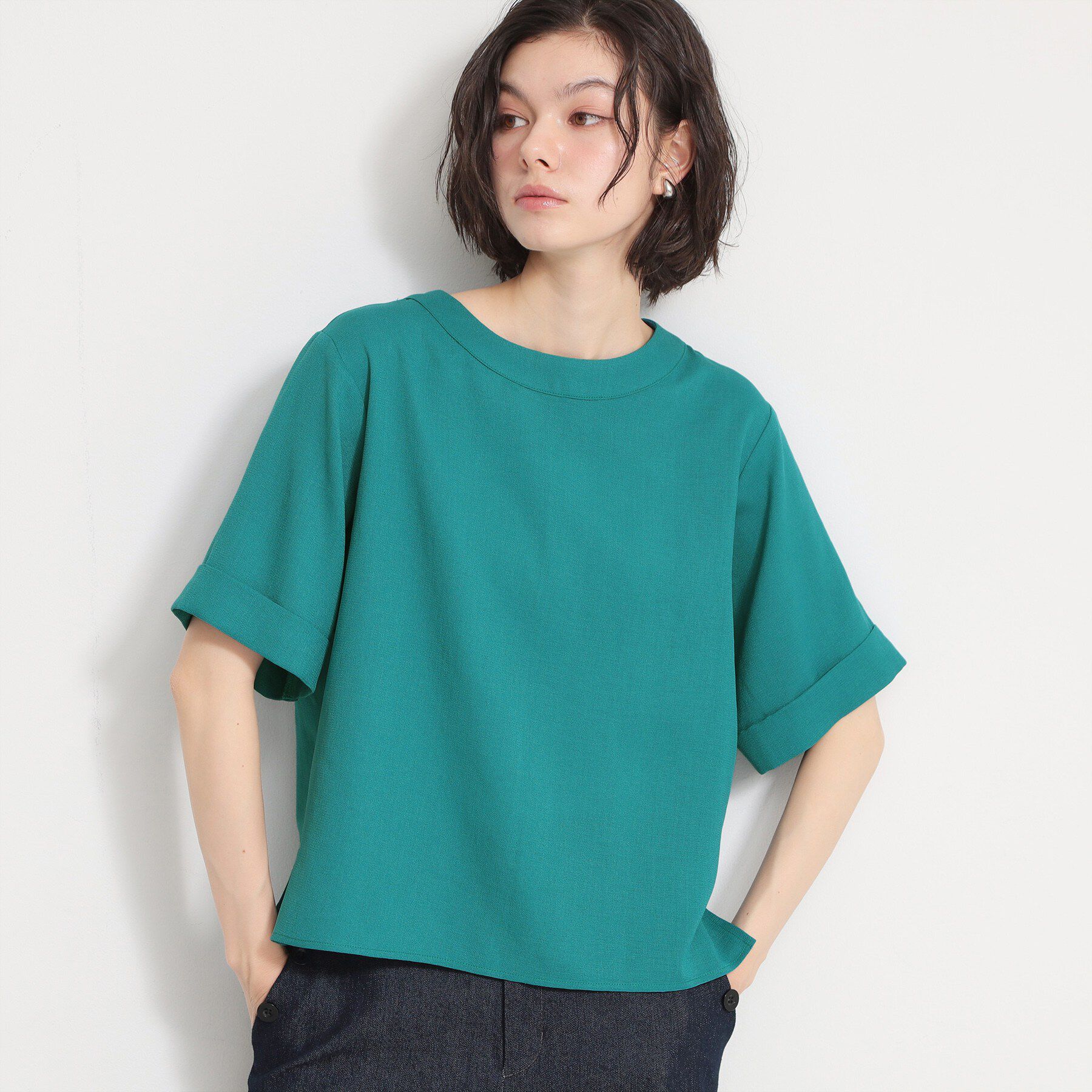 THE SHOP TK「【M-XL/二の腕カバー】さらり麻調メッシュ5分袖ブラウス」|シャツ・ブラウス|ブルーグリーン(09