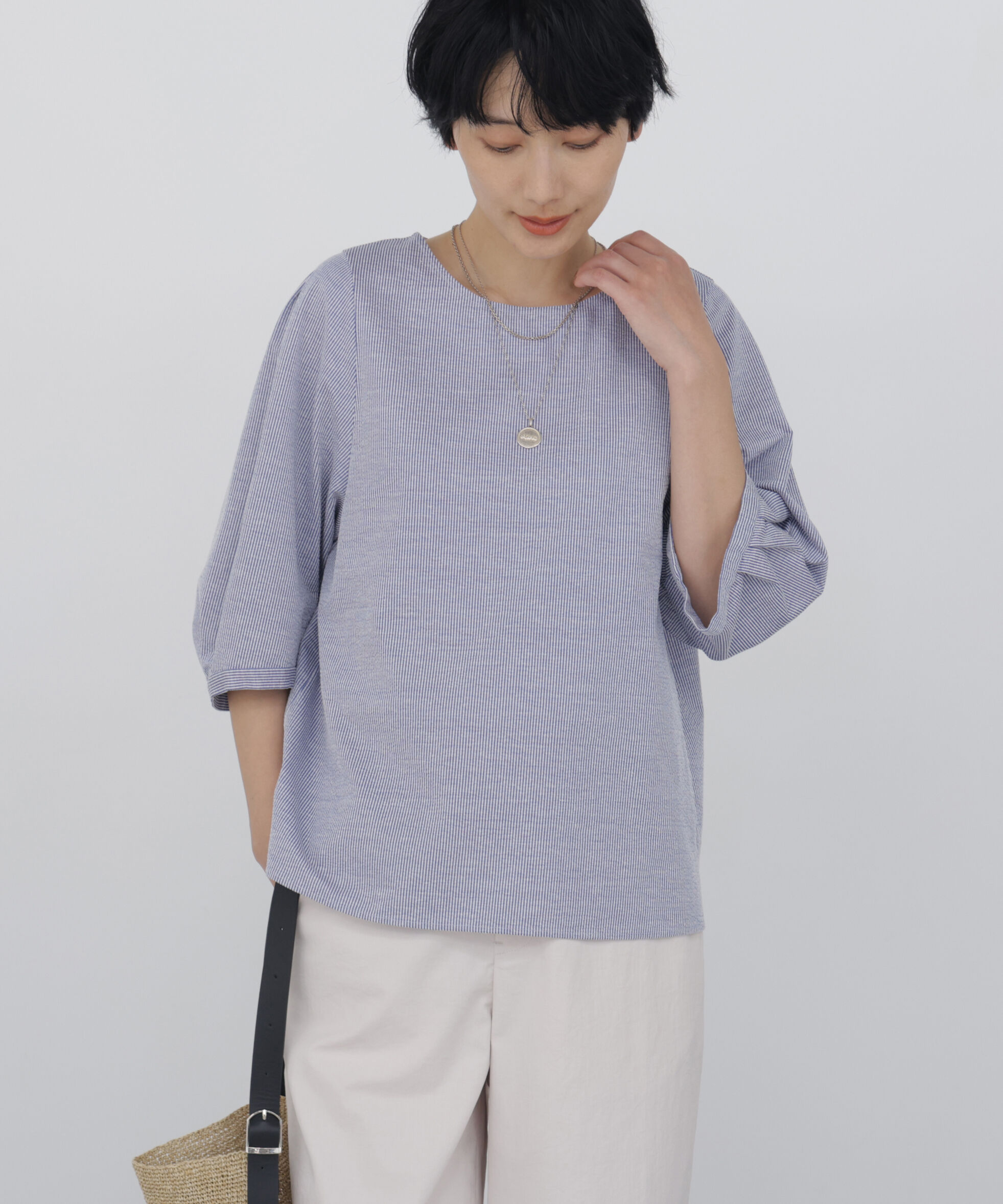  「◆《接触冷感 / 洗える》 ジャカードストライプクルーネックプルオーバー」|Tシャツ・カットソー|