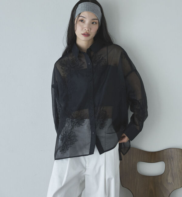 Doux archives「フラワー刺繍オーバーシャツ」|シャツ・ブラウス|BLACK