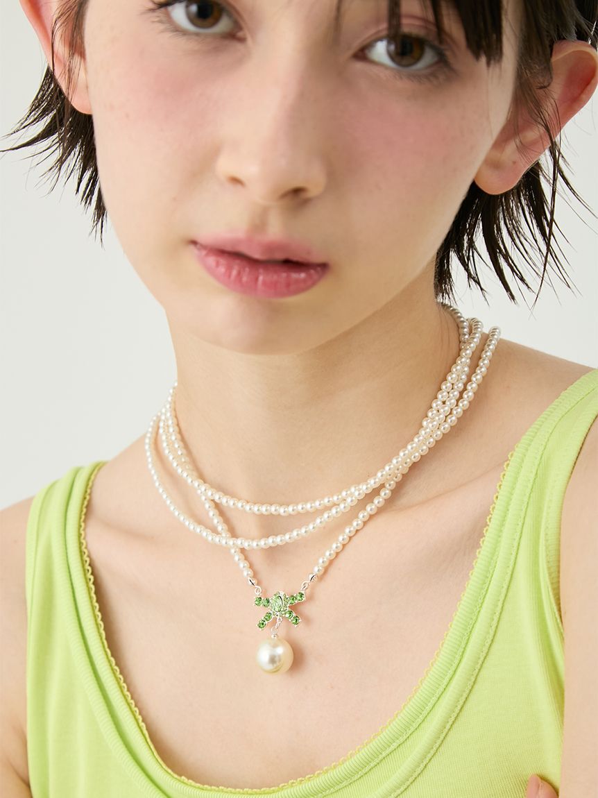 LILY BROWN「[L.B CANDY STOCK]ビジューリボンパールネックレス」|ネックレス|