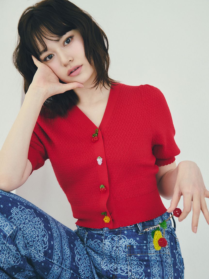 LILY BROWN「[L.B CANDY STOCK]フルーツモチーフニットカーディガン」|カーディガン|RED