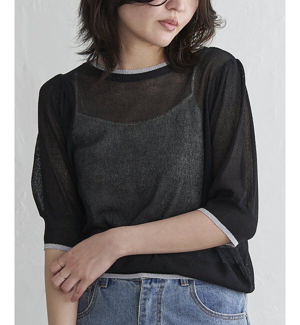 VENCE share style「梨地袖配色トップス」|ニット・セーター|ブラック