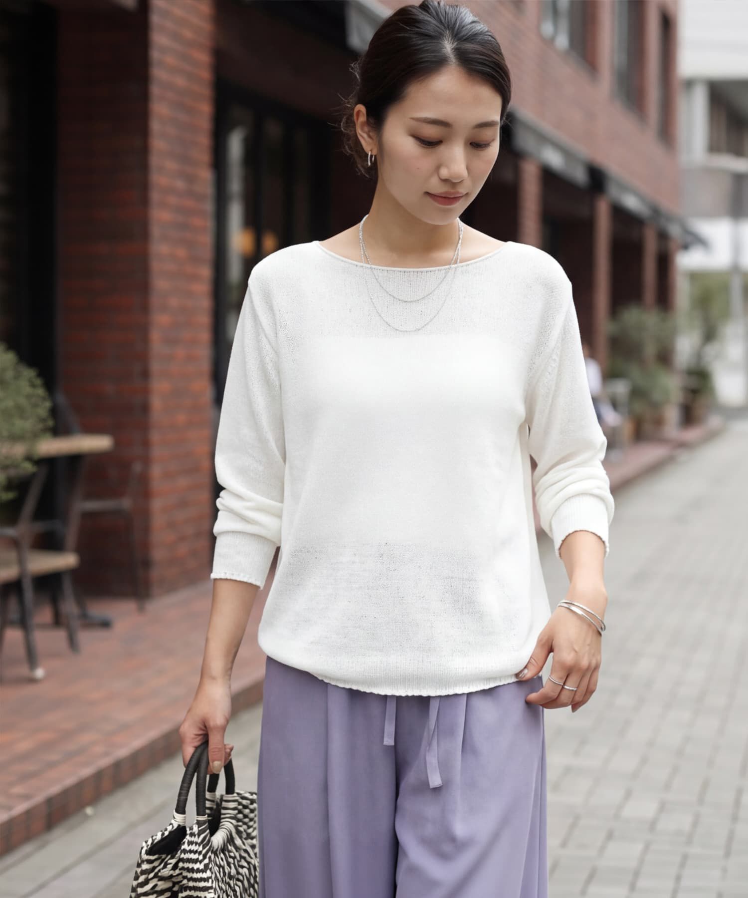 STYLE DELI「カラッとした綿シアーボートネックニット」|Tシャツ・カットソー|ホワイト