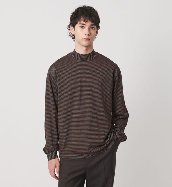 UNITED ARROWS「【別注】＜YONETOMI＞ガーメントダイ モックネック ボーダー Tシャツ」|Tシャツ・カットソー|DK.BROWN