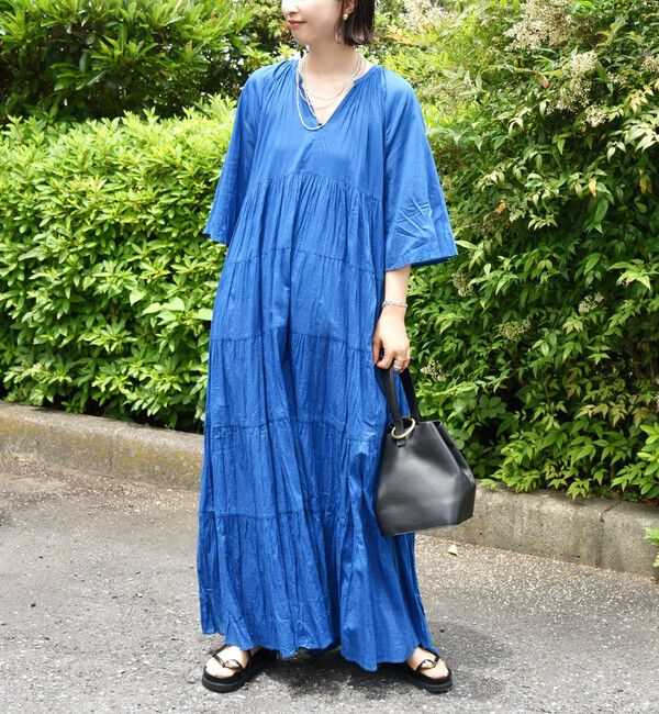 SHIPS for women「〈手洗い可能〉Fanaka:クリンクル 袖 フレア ロング ワンピース」|ワンピース|ブルー