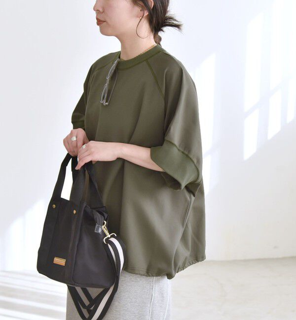 quaranciel「《一部追加予約》quaranciel:〈洗濯機可能〉ライト ポンチ ハーフスリーブ ドロスト ルーズ TEE」|Tシャツ・カットソー|カーキ