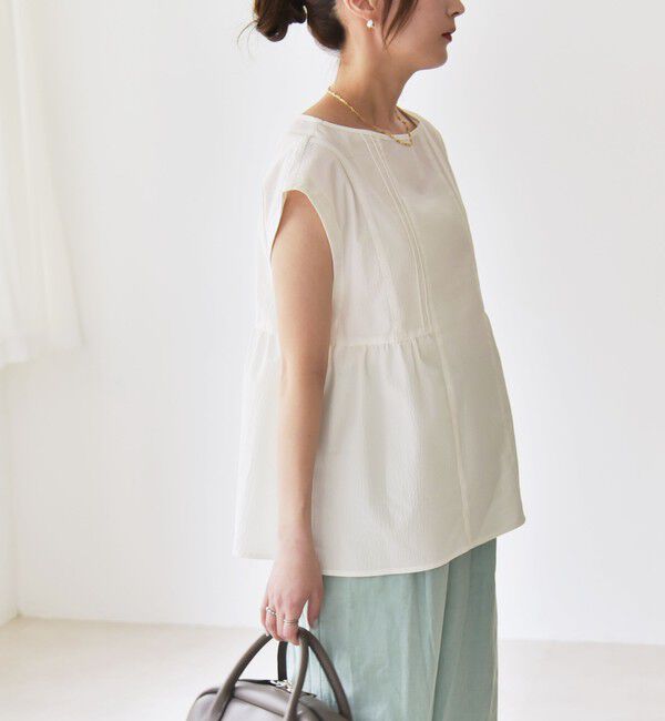 quaranciel「quaranciel:〈洗濯機可能〉ミニサッカー タックギャザー フレンチスリーブ ブラウス」|シャツ・ブラウス|
