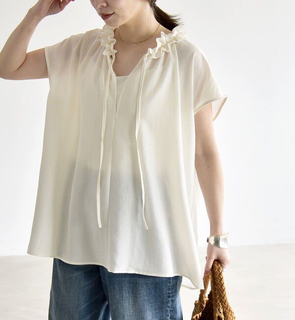 quaranciel「《一部追加予約》quaranciel:〈洗濯機可能〉フリルカラー リボン フレンチスリーブ ブラウス」|シャツ・ブラウス|