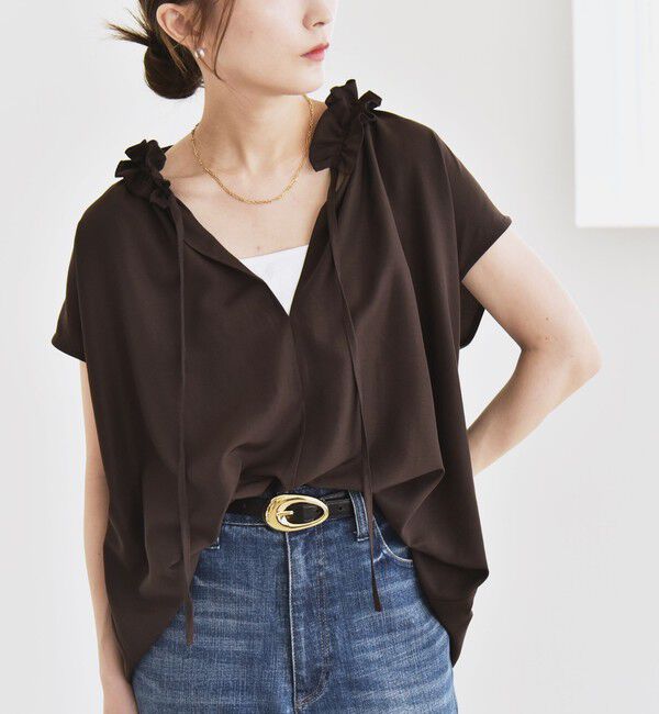 quaranciel「《一部追加予約》quaranciel:〈洗濯機可能〉フリルカラー リボン フレンチスリーブ ブラウス」|シャツ・ブラウス|