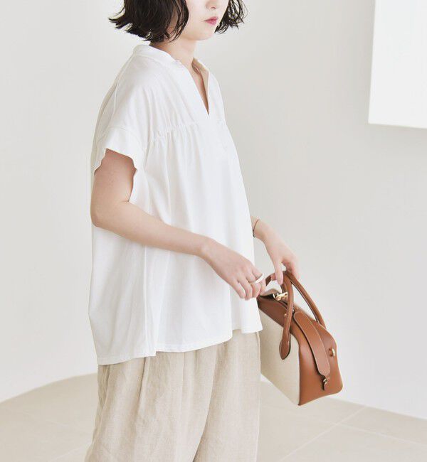 quaranciel「quaranciel:〈手洗い可能〉ギャザー スキッパー バンドカラー プルオーバー」|Tシャツ・カットソー|