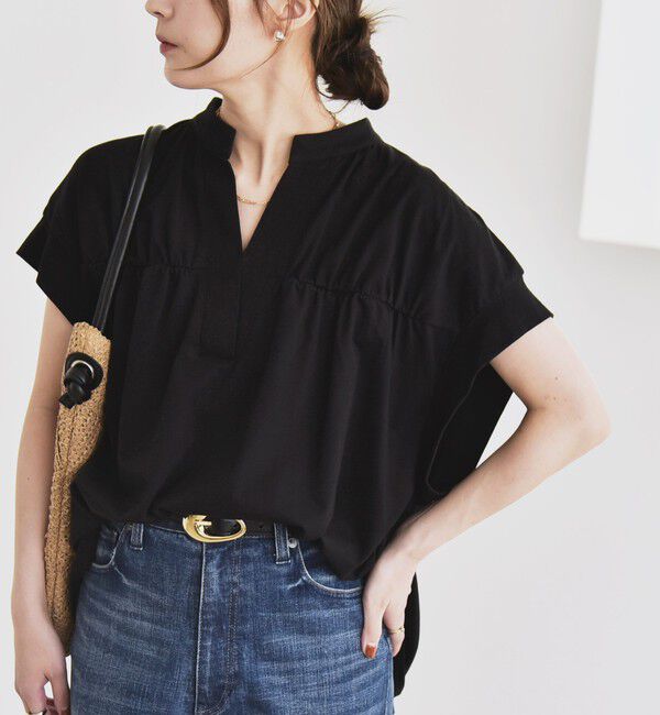 quaranciel「quaranciel:〈手洗い可能〉ギャザー スキッパー バンドカラー プルオーバー」|Tシャツ・カットソー|
