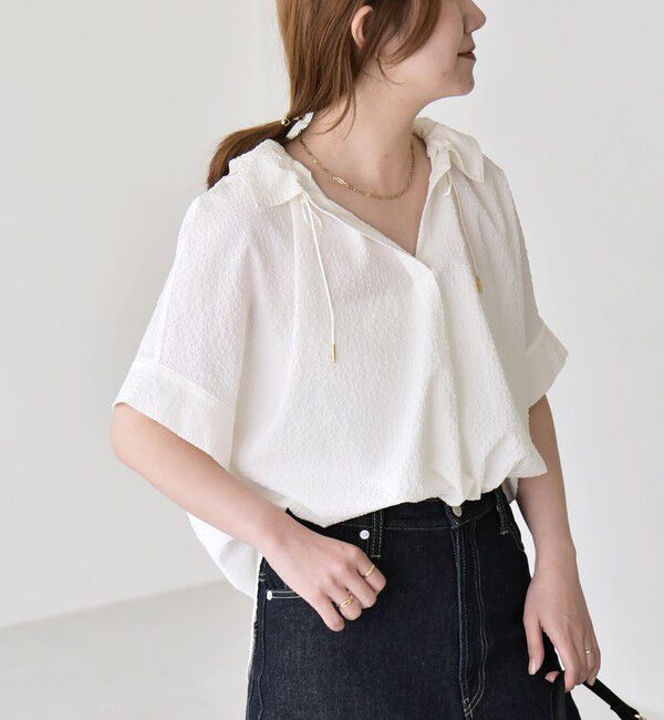 quaranciel「quaranciel:〈手洗い可能〉サッカー ドロストカラー スキッパー シャツ ブラウス」|シャツ・ブラウス|オフホワイト