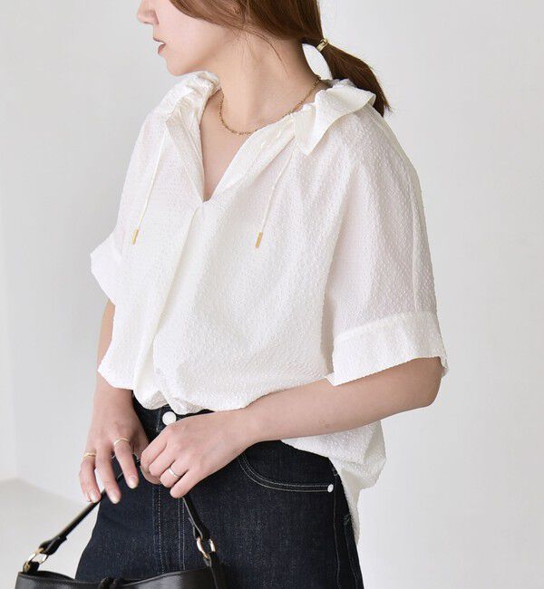 quaranciel「quaranciel:〈手洗い可能〉サッカー ドロストカラー スキッパー シャツ ブラウス」|シャツ・ブラウス|