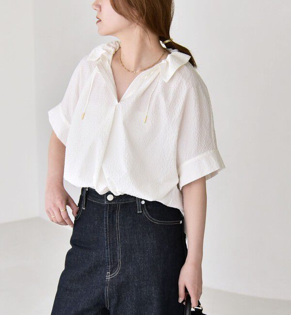 quaranciel「quaranciel:〈手洗い可能〉サッカー ドロストカラー スキッパー シャツ ブラウス」|シャツ・ブラウス|