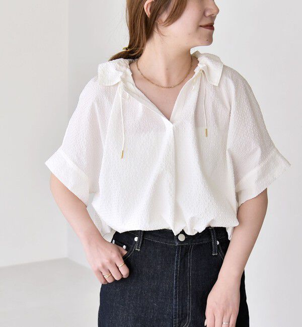 quaranciel「quaranciel:〈手洗い可能〉サッカー ドロストカラー スキッパー シャツ ブラウス」|シャツ・ブラウス|