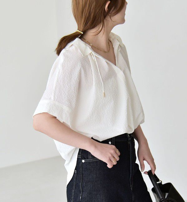 quaranciel「quaranciel:〈手洗い可能〉サッカー ドロストカラー スキッパー シャツ ブラウス」|シャツ・ブラウス|