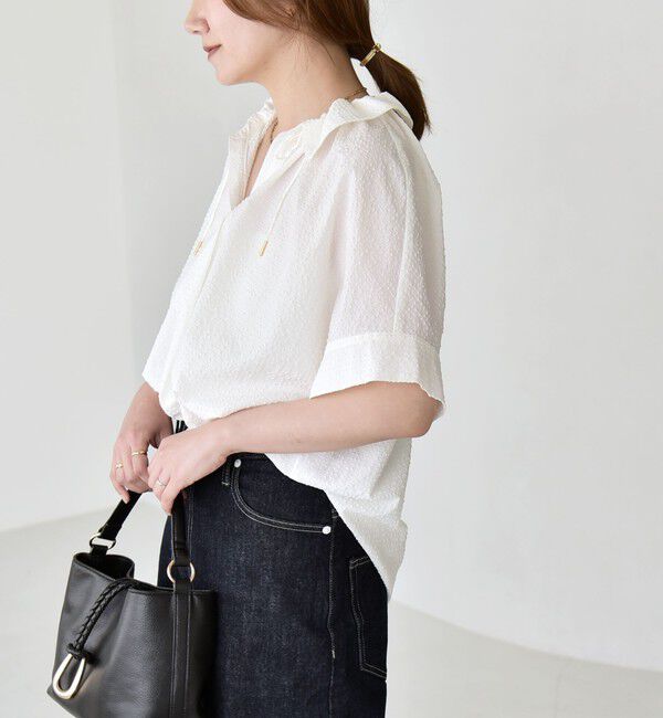 quaranciel「quaranciel:〈手洗い可能〉サッカー ドロストカラー スキッパー シャツ ブラウス」|シャツ・ブラウス|