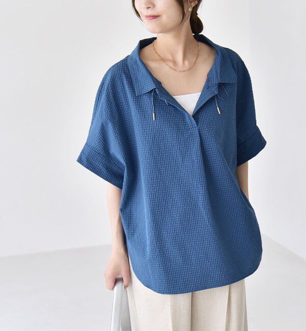 quaranciel「quaranciel:〈手洗い可能〉サッカー ドロストカラー スキッパー シャツ ブラウス」|シャツ・ブラウス|