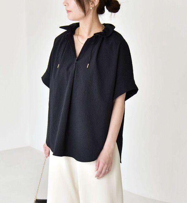 quaranciel「quaranciel:〈手洗い可能〉サッカー ドロストカラー スキッパー シャツ ブラウス」|シャツ・ブラウス|