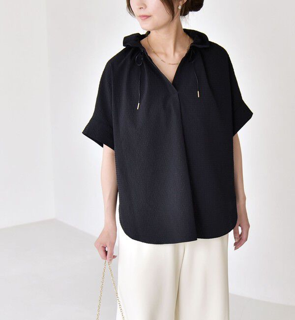 quaranciel「quaranciel:〈手洗い可能〉サッカー ドロストカラー スキッパー シャツ ブラウス」|シャツ・ブラウス|