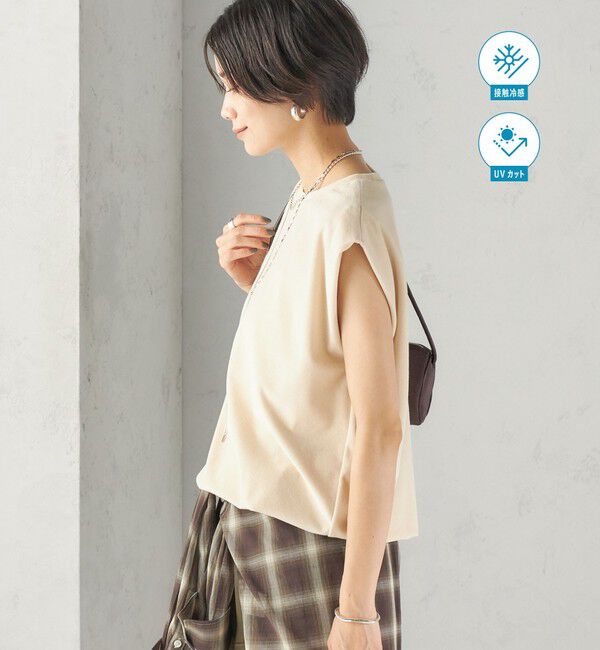SHIPS for women「【実力派ベーシック】〈接触冷感/UVカット〉マイクロ パイル フレンチスリーブ プルオーバー」|Tシャツ・カットソー|サンドベージュ
