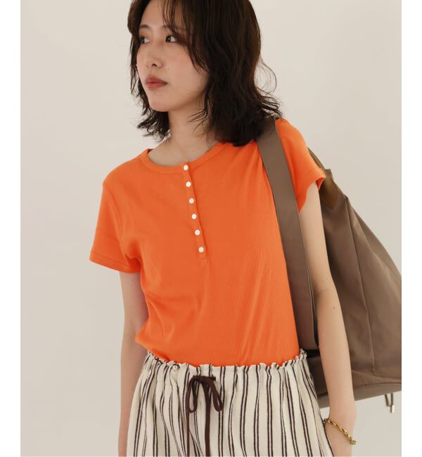 SLOBE IENA「クレープリブ ヘンリーネック5分袖 TEE」|Tシャツ・カットソー|