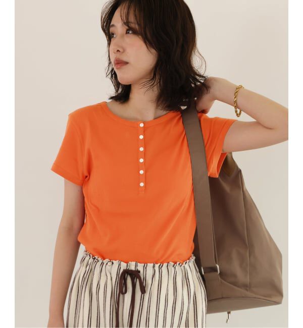 SLOBE IENA「クレープリブ ヘンリーネック5分袖 TEE」|Tシャツ・カットソー|オレンジ