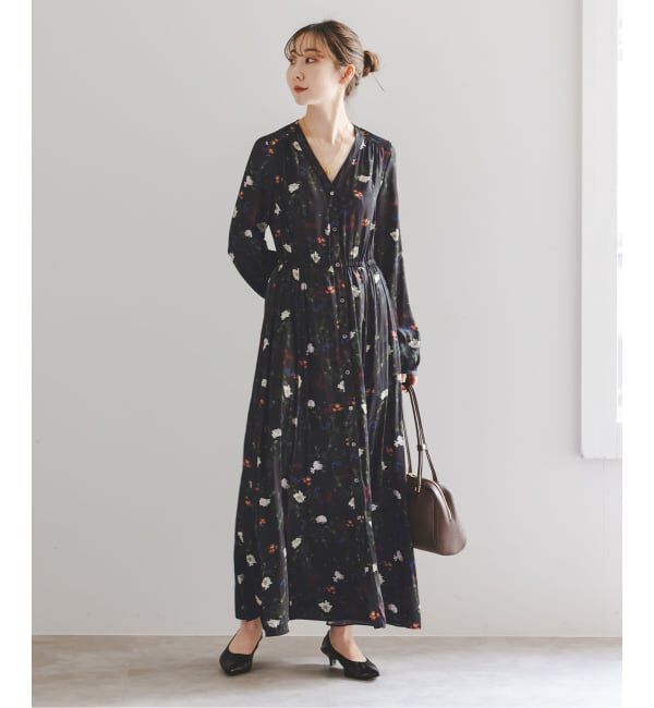NOBLE「フラワープリントVネックロングワンピース」|ワンピース|