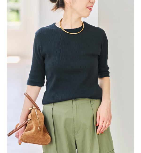 Spick and Span「コットンシルケットリブハーフスリーブプルオーバー」|Tシャツ・カットソー|ブラック
