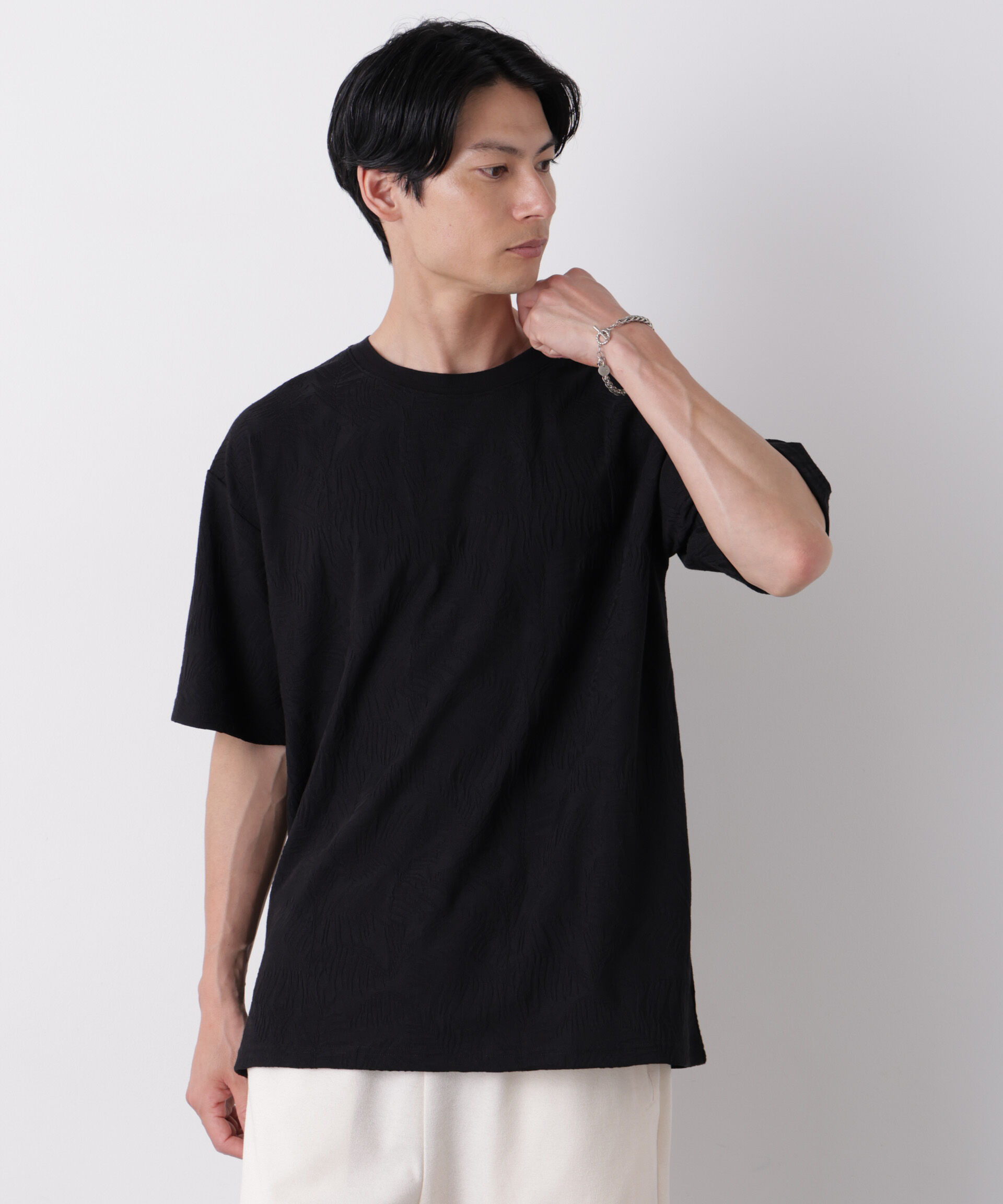 NANO universe「リンクスジャガードリーフ柄Tシャツ」|Tシャツ・カットソー|ブラック