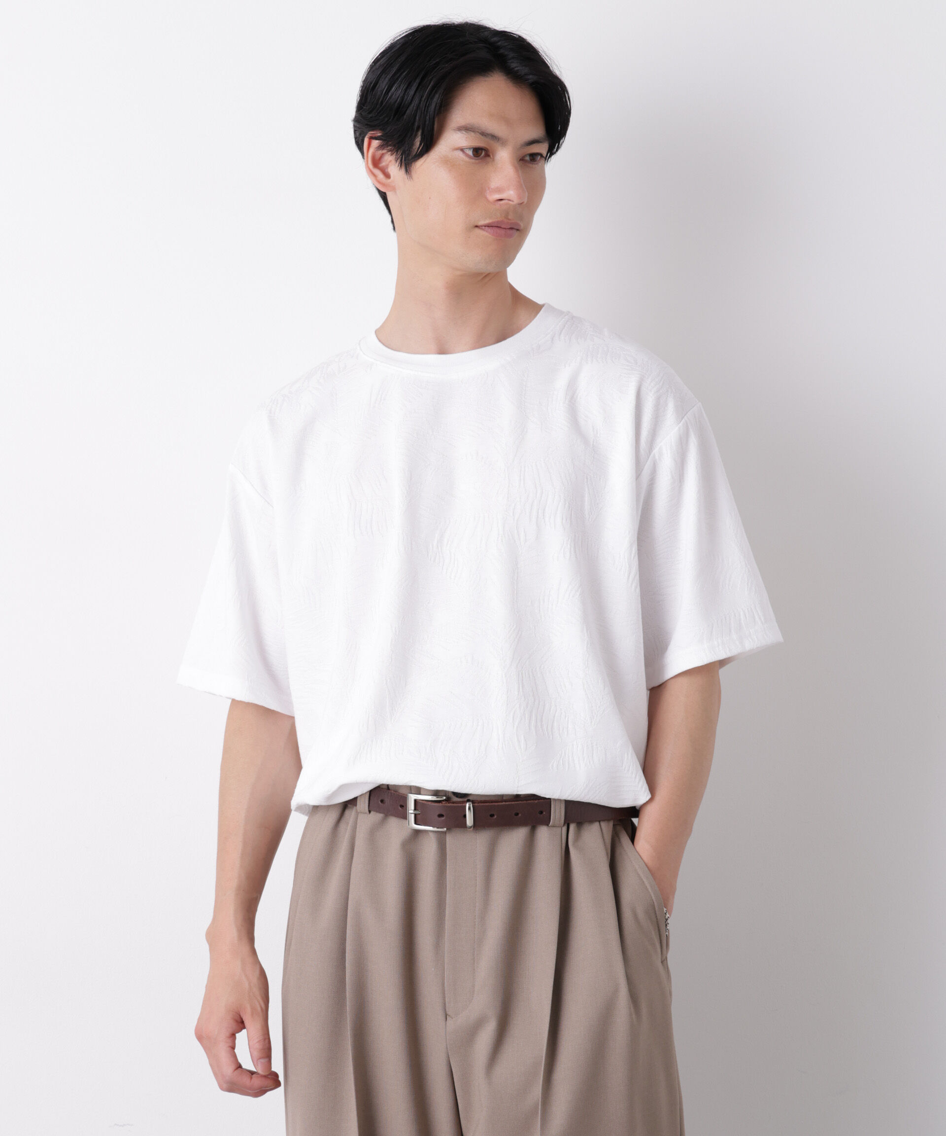 NANO universe「リンクスジャガードリーフ柄Tシャツ」|Tシャツ・カットソー|
